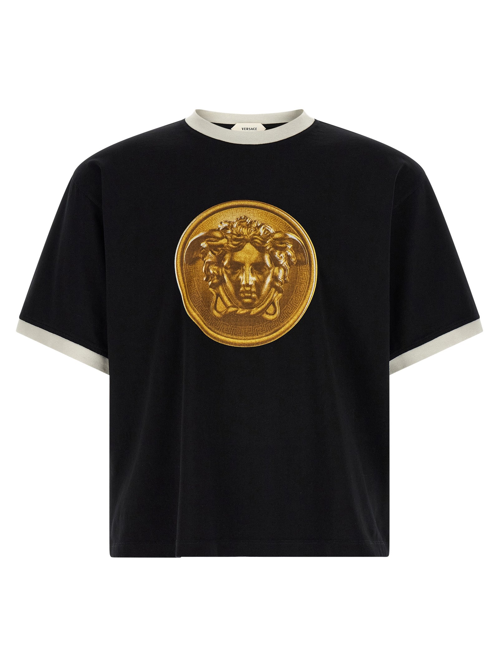 T-Shirt by Versace for men in cotton black & print showcases a fashionable silhouette, elegantly detailed with a fashionable short-sleeve and crew neckline for a sophisticated, high-fashion look.