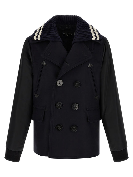 This Pea Coat by Dsquared² for men in stretch nylon & wool and blue showcases a on trend silhouette, detailed with a on trend split lapel neckline and distinctive .