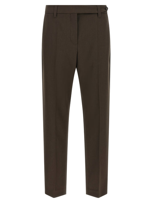Trousers by Brunello Cucinelli for women in virgin wool brown features a sculptural silhouette, showcasing a sculptural tapered-leg and long with a sophisticated for a sculptural finish.