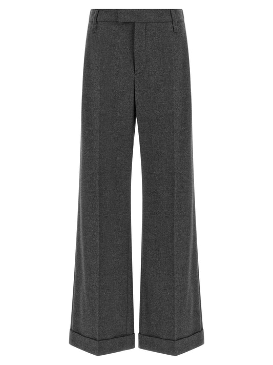 Trousers by Brunello Cucinelli for women in cashmere virgin wool gray & signature features an sartorial silhouette, showcasing a precise straight-leg & wide and long with a sartorial mid rise for a refined look.