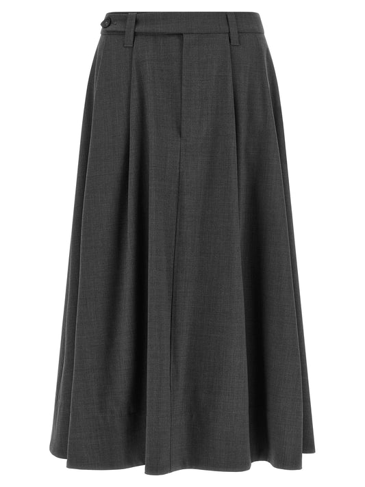 Skirt by Brunello Cucinelli for women in nylon & virgin wool gray showcases a sultry silhouette, elegantly defined by its midi and the sophisticated sultry design of the Flow Monile Women's Tailored Flared Nylon & Virgin Wool Skirt.