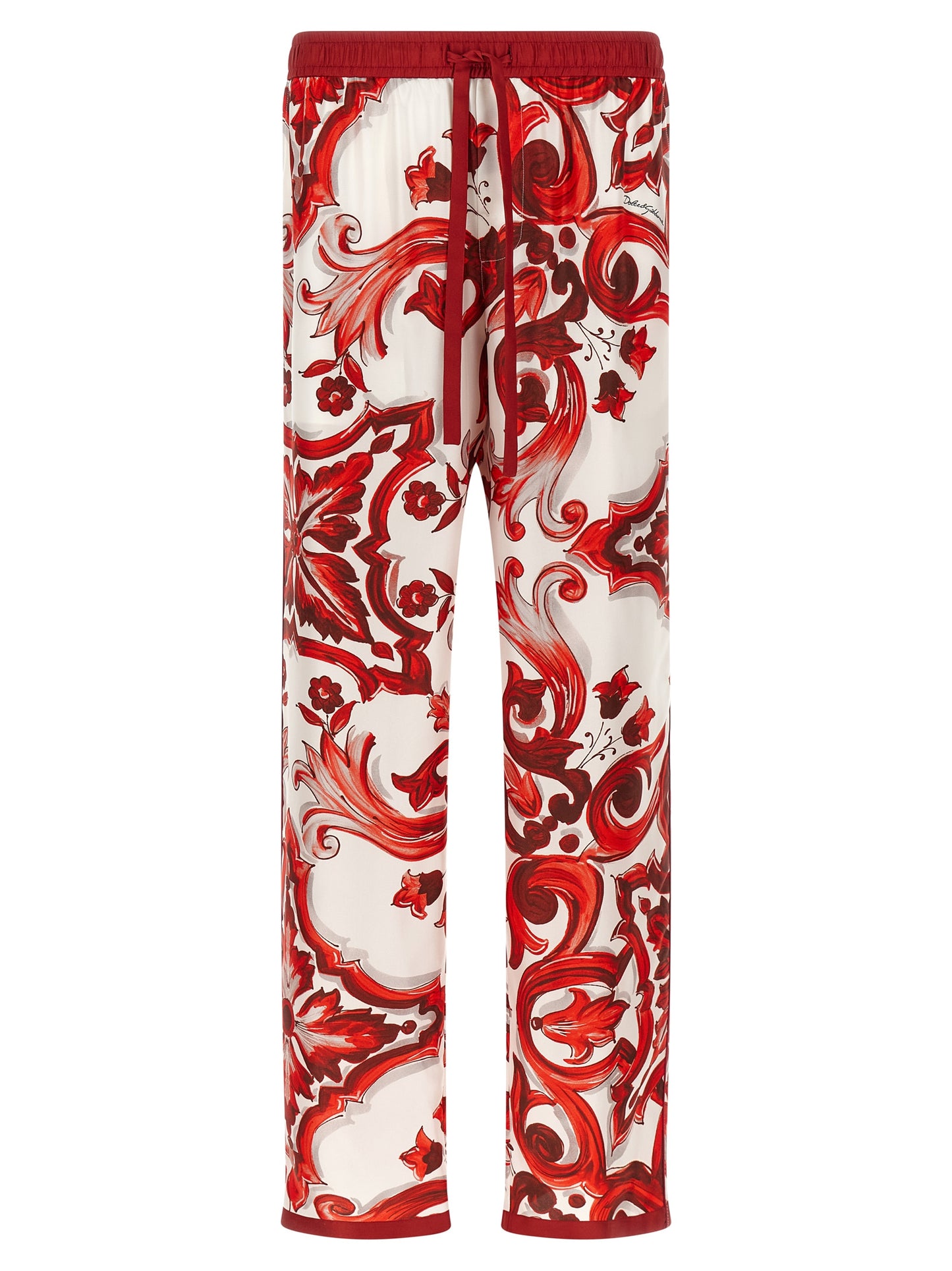Casual Pants by Dolce & Gabbana for men in silk twill multicolor, red, signature & print features a refined silhouette with a refined straight-leg & wide, defined by a and a refined long for a refined finish.