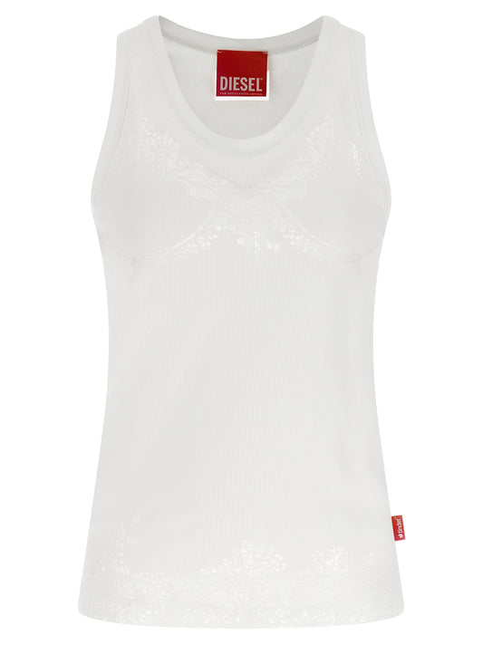 Tank Top by Diesel for women in stretch polyester cotton white showcases a perennial silhouette, artfully detailed with a sleeveless design and a perennial round neckline.