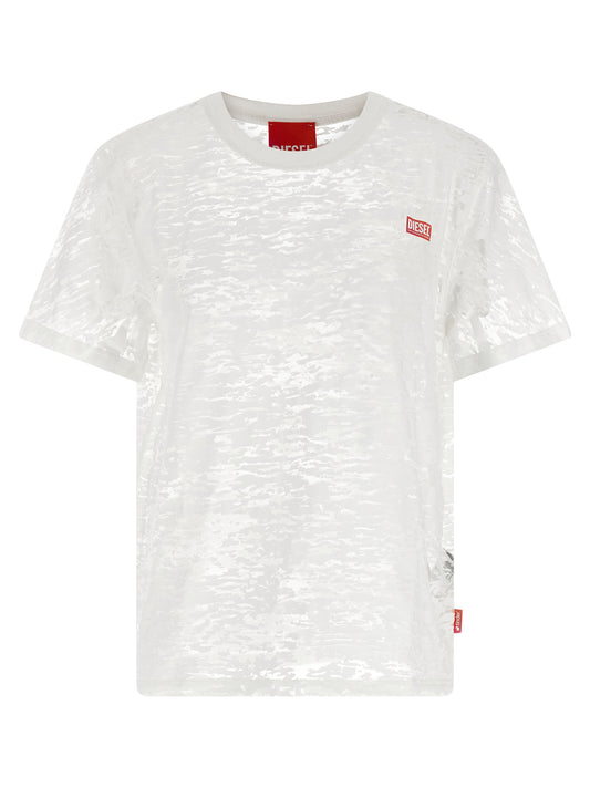 Activewear T-Shirt by Diesel for women in stretch polyester cotton transparent, white & print features a dynamic silhouette with short-sleeve and crew neckline enhanced by functional .