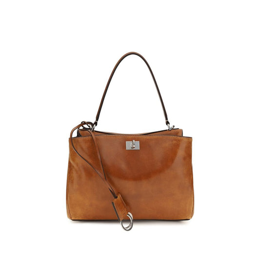 This Handbag by Balenciaga for women in lamb leather and brown & silver presents a sculptural silhouette featuring a secure , ample built-in-compartments & external-pockets, and versatile shoulder-strap & handle for a sculptural finish.
