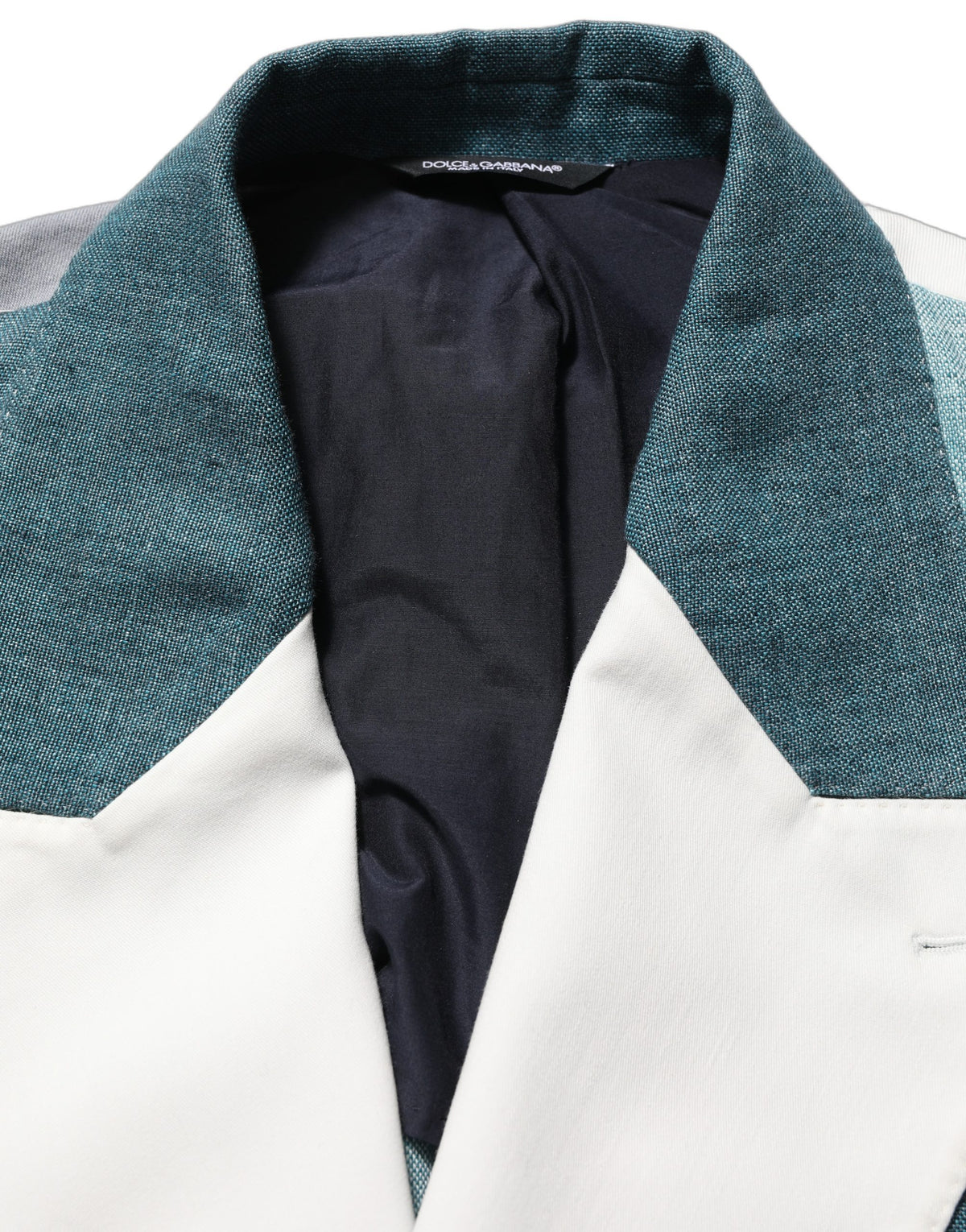Dolce & Gabbana Men's Double Breasted Cotton Flax Linen & Silk Blazer - Blue Multicolor White Patterned Patchwork