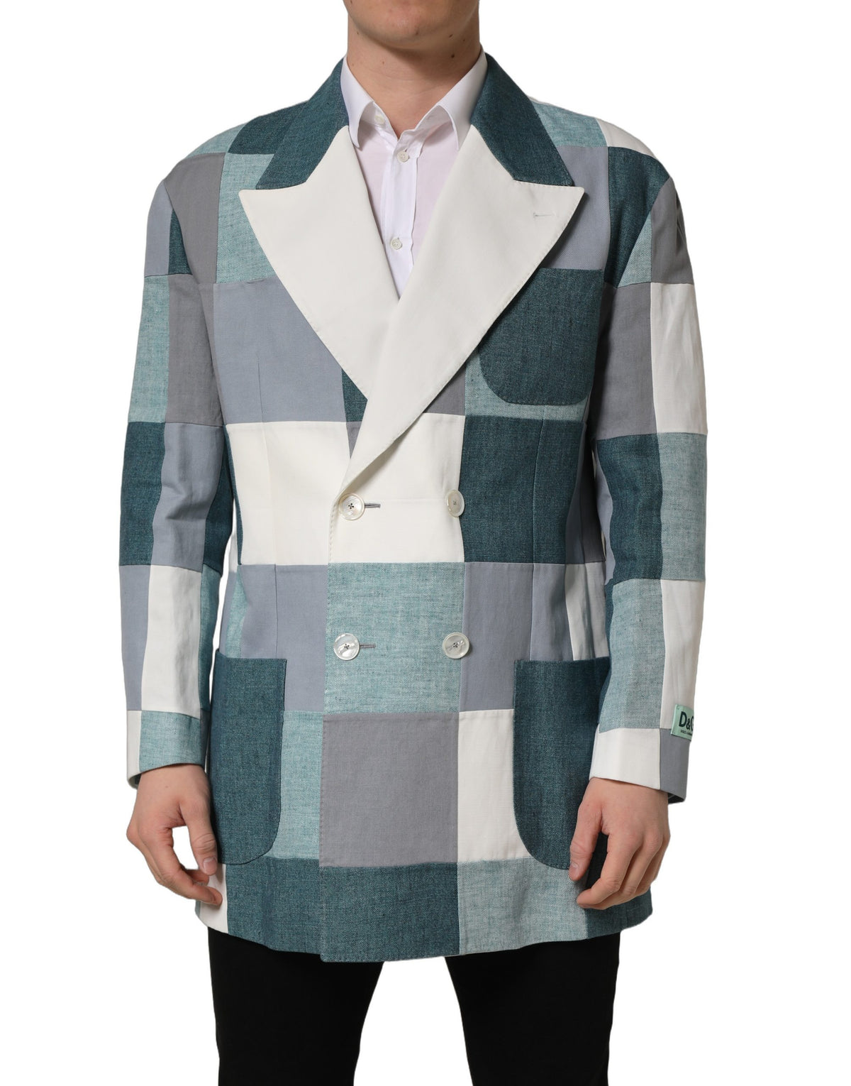 Dolce & Gabbana Men's Double Breasted Cotton Flax Linen & Silk Blazer - Blue Multicolor White Patterned Patchwork