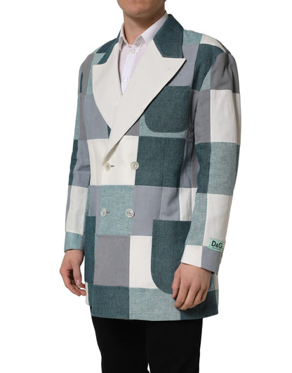 Dolce & Gabbana Men's Double Breasted Cotton Flax Linen & Silk Blazer - Blue Multicolor White Patterned Patchwork