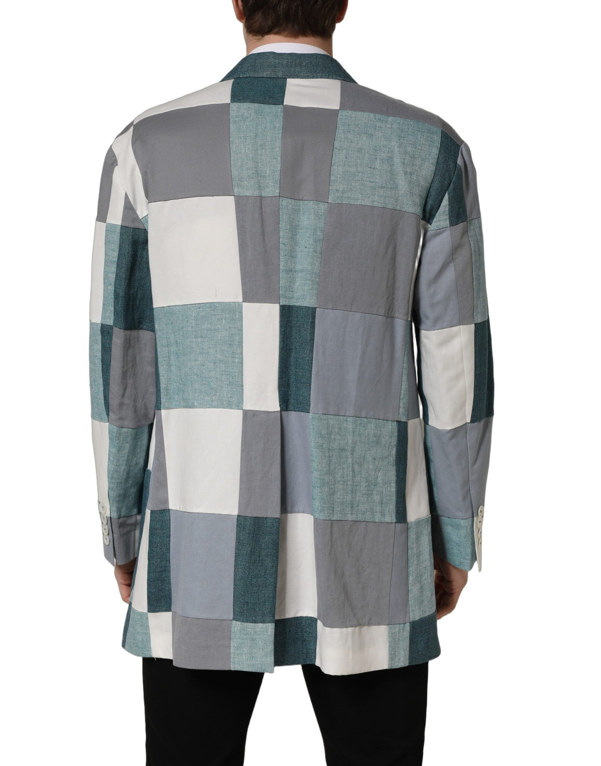 Dolce & Gabbana Men's Double Breasted Cotton Flax Linen & Silk Blazer - Blue Multicolor White Patterned Patchwork