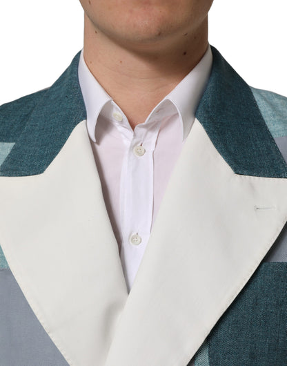Dolce & Gabbana Men's Double Breasted Cotton Flax Linen & Silk Blazer - Blue Multicolor White Patterned Patchwork