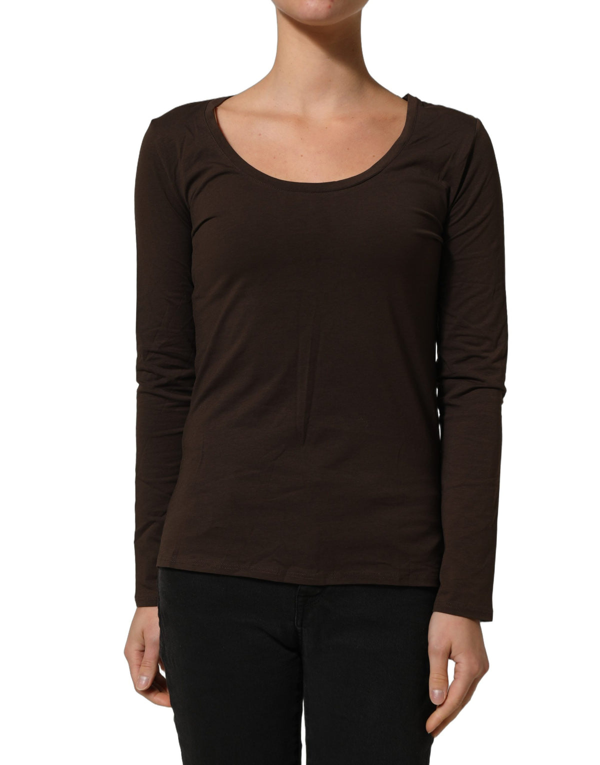 Alpha Massimo Rebecchi Alpha Women's Slim Long-Sleeve Round Neck Stretch Cotton Blouse - Brown