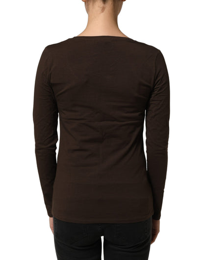 Alpha Massimo Rebecchi Alpha Women's Slim Long-Sleeve Round Neck Stretch Cotton Blouse - Brown
