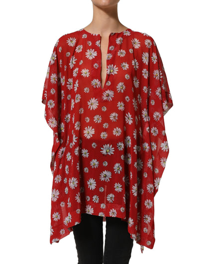 Dolce & Gabbana Women's V Neck Polyester Blouse - Red Floral Print