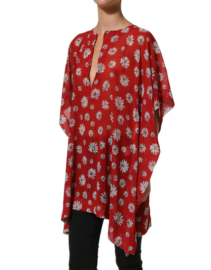 Dolce & Gabbana Women's V Neck Polyester Blouse - Red Floral Print