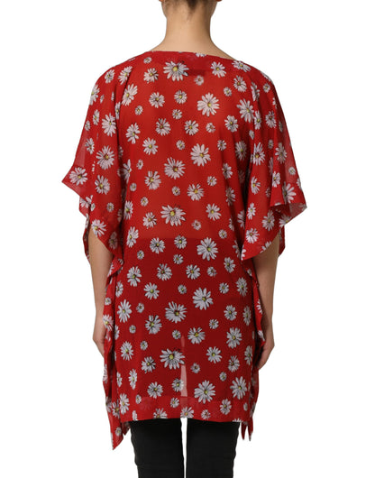 Dolce & Gabbana Women's V Neck Polyester Blouse - Red Floral Print