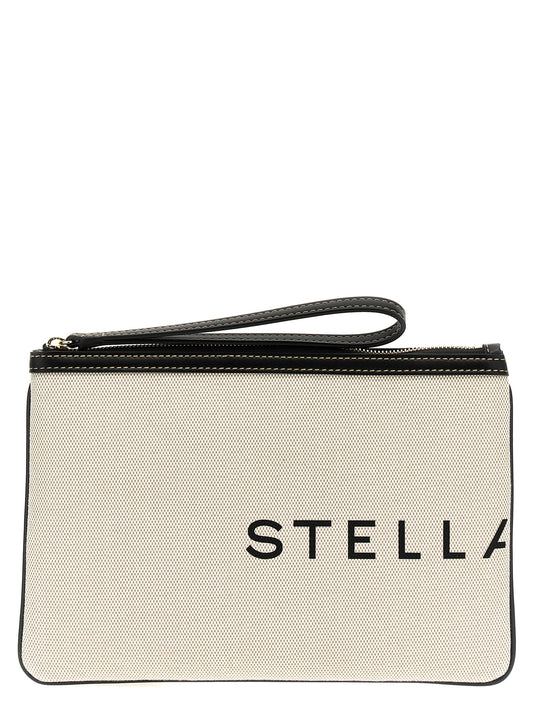 Evening Clutch Handbag by Stella McCartney for women in cotton polyester beige & print features a sculptural silhouette with a secure zipper, organized , and versatile wristlet & handle for a sculptural finish.