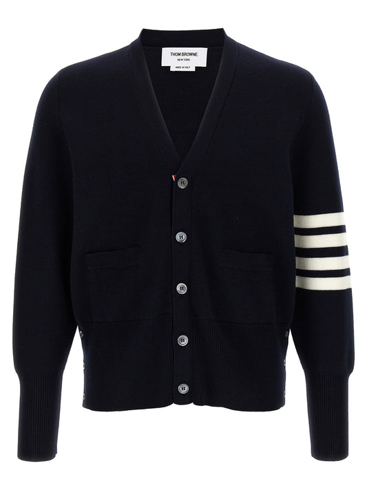 Cardigan by Thom Browne for men in virgin wool blue, jacquard & striped features a dramatic silhouette, showcasing a sophisticated v-neck neckline and dramatic detail for a timeless, premium look.