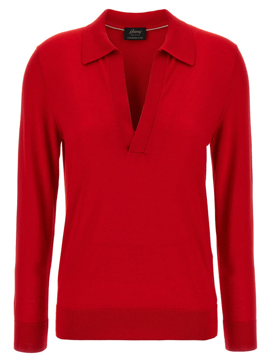 Polo Shirt by Brioni for women in silk & cashmere multicolor & red features a eye catching silhouette, showcasing a refined wrap v-neck neckline and long-sleeve for a eye catching finish.