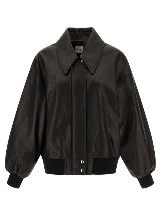 Bomber Jacket by Khaite for women in twill & lamb leather black showcases a bohemian silhouette, artfully detailed with a bohemian shirt-collar neckline and signature for a truly bohemian finish.