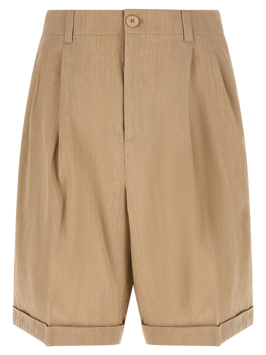 Bermuda Shorts by Jacquemus for men in linen polyamide & viscose beige, patterned & chevron features an tailored silhouette, showcasing a tailored wide with a short and mid rise for a sophisticated look.