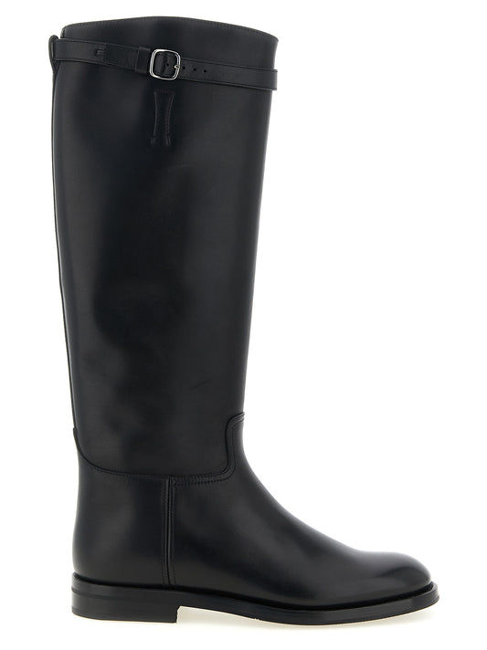 Over-The-Knee Strap Boots by Church's for women in bos taurus calfskin leather black features an avant-garde Women's Bos Taurus Calfskin Leather Over-The-Knee Strap Boots silhouette, defined by a sophisticated and a avant-garde .