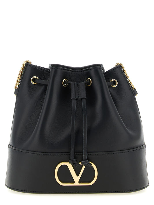 Crossbody Bucket Handbag by Valentino Garavani for women in lamb leather black & signature features a transformative sophistication silhouette, showcasing a secure drawstring, ample , and versatile crossbody-strap & shoulder-strap for a transformative sophistication look.