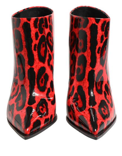 Dolce & Gabbana Women's Patent Calf & Goat Leather High-Heel Ankle Boots - Black Red Leopard Print Print