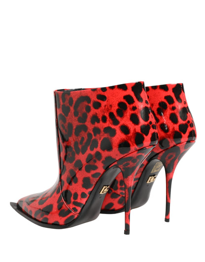 Dolce & Gabbana Women's Patent Calf & Goat Leather High-Heel Ankle Boots - Black Red Leopard Print Print