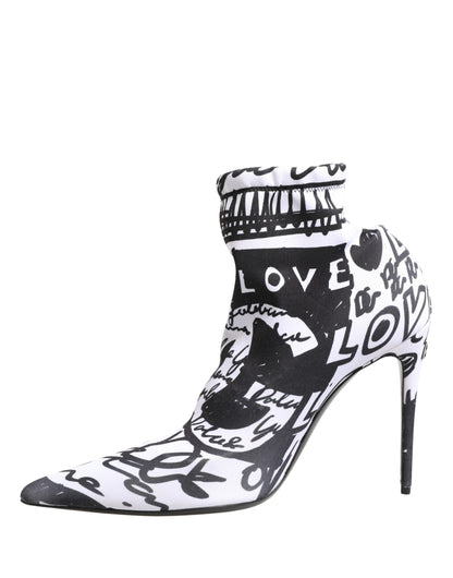 Dolce & Gabbana Women's Goat Leather & Polyester Stiletto Sock Ankle Short Boots - Black White Print