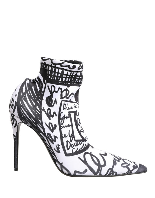 Dolce & Gabbana Women's Goat Leather & Polyester Stiletto Sock Ankle Short Boots - Black White Print