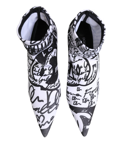Dolce & Gabbana Women's Goat Leather & Polyester Stiletto Sock Ankle Short Boots - Black White Print
