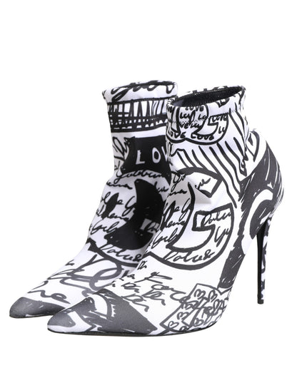 Dolce & Gabbana Women's Goat Leather & Polyester Stiletto Sock Ankle Short Boots - Black White Print