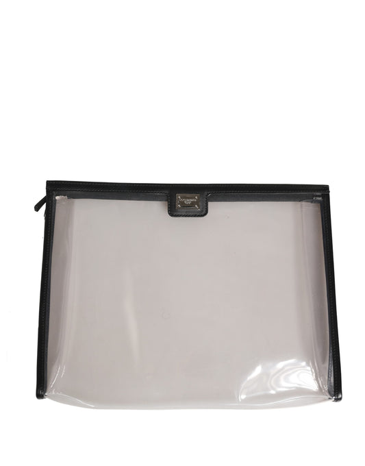 Dolce & Gabbana Pebbled Calf Leather Pouch Clutch Handbag - Black Silver Transparent