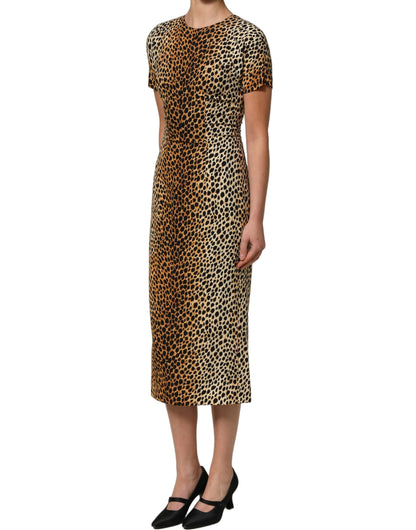 Dolce & Gabbana Women's Sheath Wrap Short-Sleeve Crew Neck Silk Midi Short Mini Dress - Brown Leopard Print Print