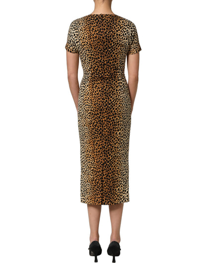 Dolce & Gabbana Women's Sheath Wrap Short-Sleeve Crew Neck Silk Midi Short Mini Dress - Brown Leopard Print Print