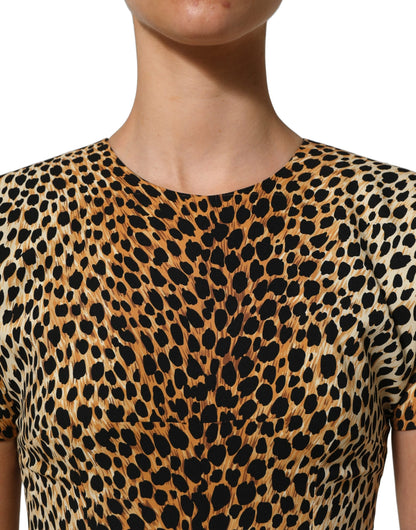 Dolce & Gabbana Women's Sheath Wrap Short-Sleeve Crew Neck Silk Midi Short Mini Dress - Brown Leopard Print Print