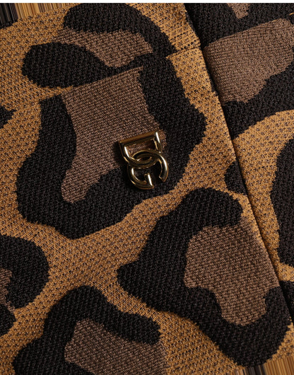 Dolce & Gabbana Women's A Line Flared Cocktail Nylon Cotton Polyester Short Mini Dress - Brown Leopard Print Jacquard Print