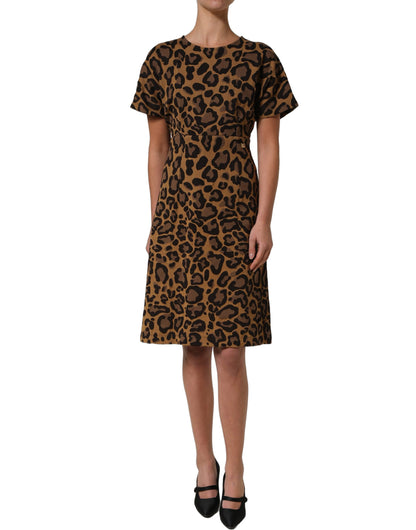 Dolce & Gabbana Women's A Line Flared Cocktail Nylon Cotton Polyester Short Mini Dress - Brown Leopard Print Jacquard Print