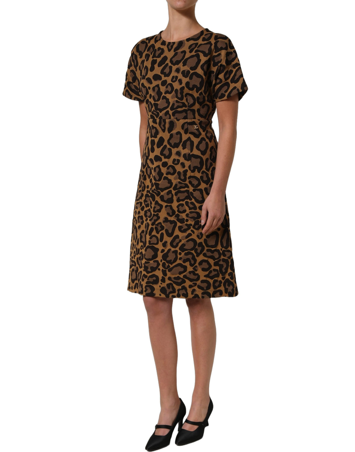Dolce & Gabbana Women's A Line Flared Cocktail Nylon Cotton Polyester Short Mini Dress - Brown Leopard Print Jacquard Print