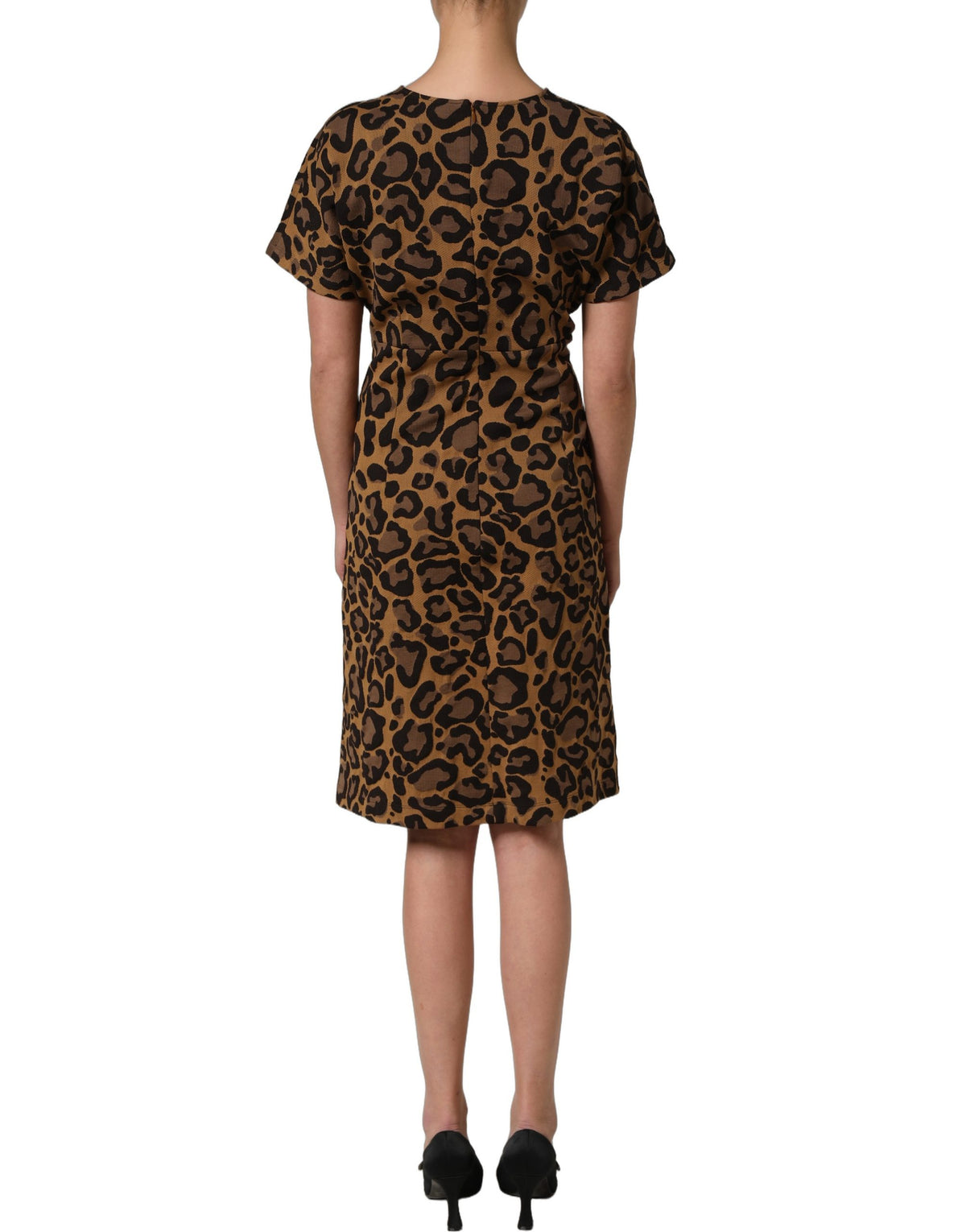 Dolce & Gabbana Women's A Line Flared Cocktail Nylon Cotton Polyester Short Mini Dress - Brown Leopard Print Jacquard Print