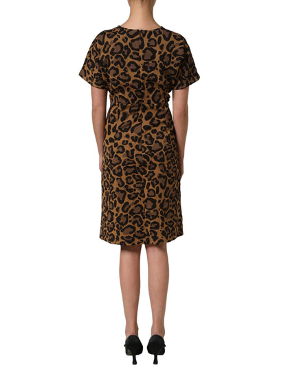 Dolce & Gabbana Women's A Line Flared Cocktail Nylon Cotton Polyester Short Mini Dress - Brown Leopard Print Jacquard Print