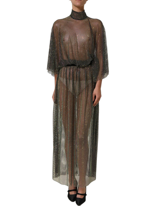 Dolce & Gabbana Women's Cocktail Turtleneck Polyester Mesh & Rhinestone Maxi Long Dress - Black