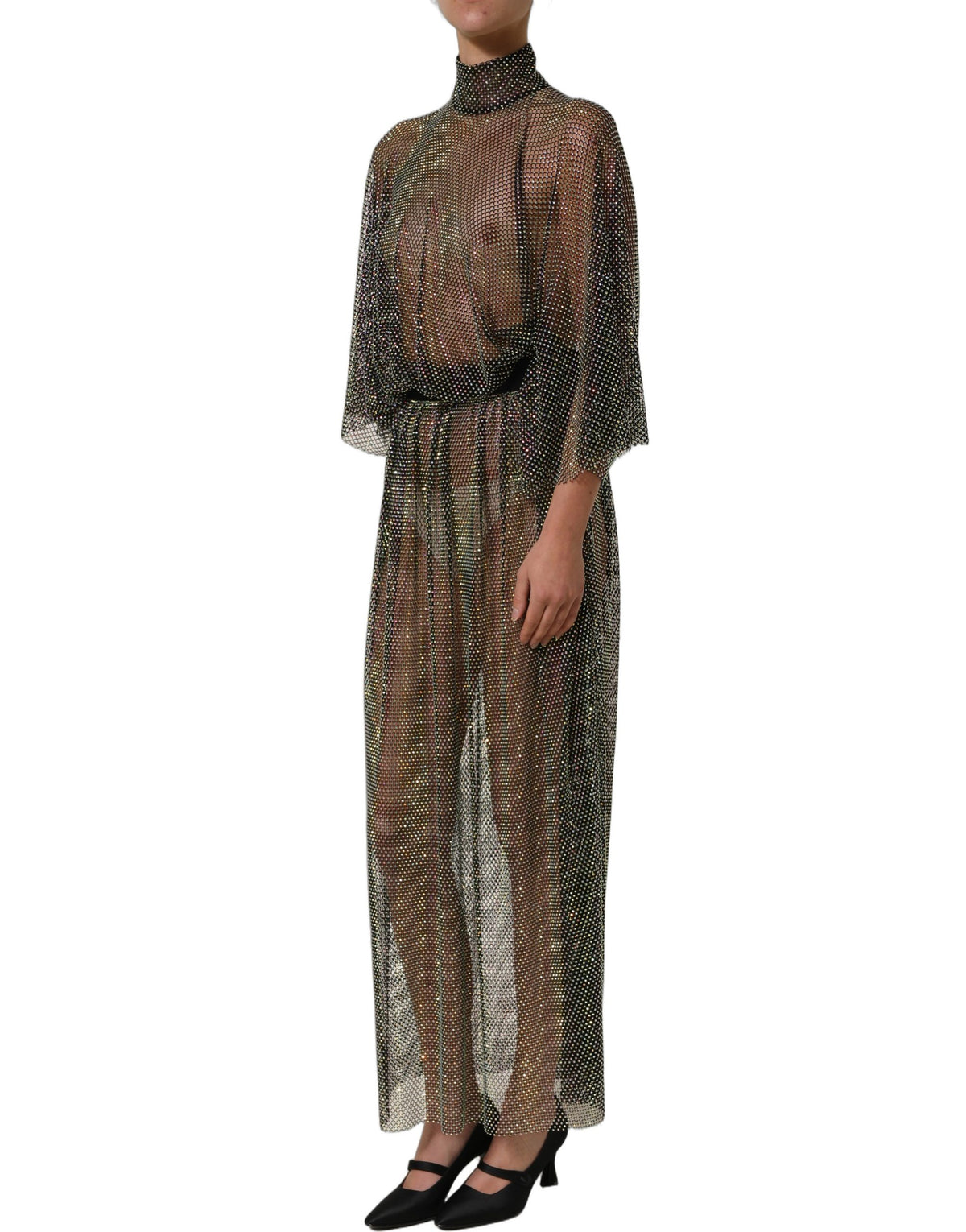 Dolce & Gabbana Women's Cocktail Turtleneck Polyester Mesh & Rhinestone Maxi Long Dress - Black