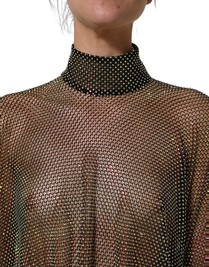 Dolce & Gabbana Women's Cocktail Turtleneck Polyester Mesh & Rhinestone Maxi Long Dress - Black