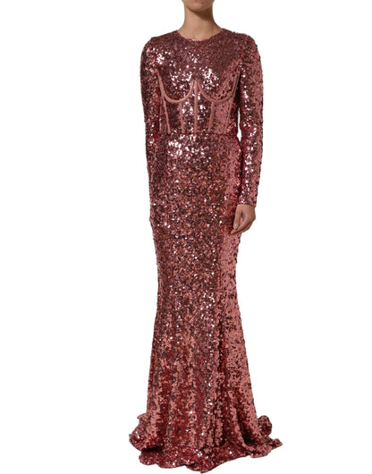 Dolce & Gabbana Women's Gown Mermaid Corset Bustier Cocktail Long-Sleeve Silk Nylon & Sequins Long Dress - Pink Signature