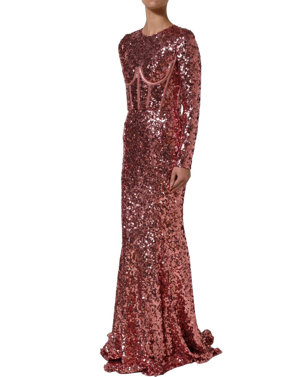 Dolce & Gabbana Women's Gown Mermaid Corset Bustier Cocktail Long-Sleeve Silk Nylon & Sequins Long Dress - Pink Signature