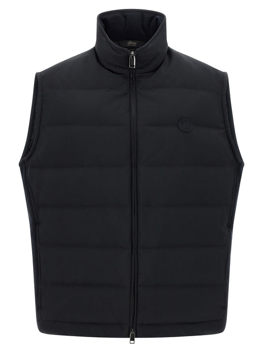Vest by Brioni for men in goose-down polyester & cashmere blue features an contemporary silhouette, showcasing refined pockets & insulated and a contemporary for a sophisticated layered look.