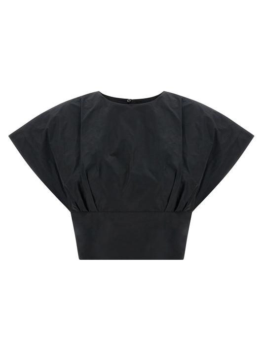 Blouse by PINKO for women in polyester black showcases a sleek silhouette, elegantly detailed with a sleek crew neckline and short-sleeve for a sleek finish.