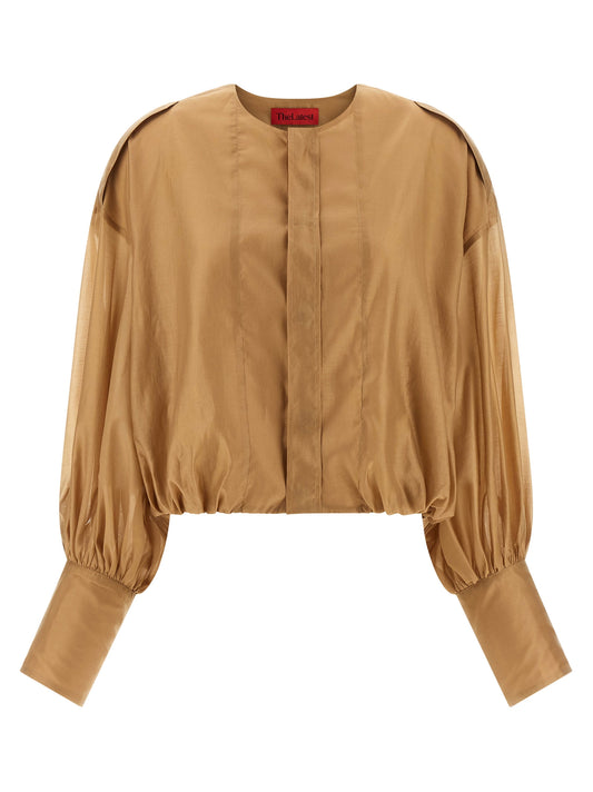 Blouse by THELATEST for women in polyester & lyocell beige features an architectural silhouette with a refined and elegant crew neckline for a architectural look.