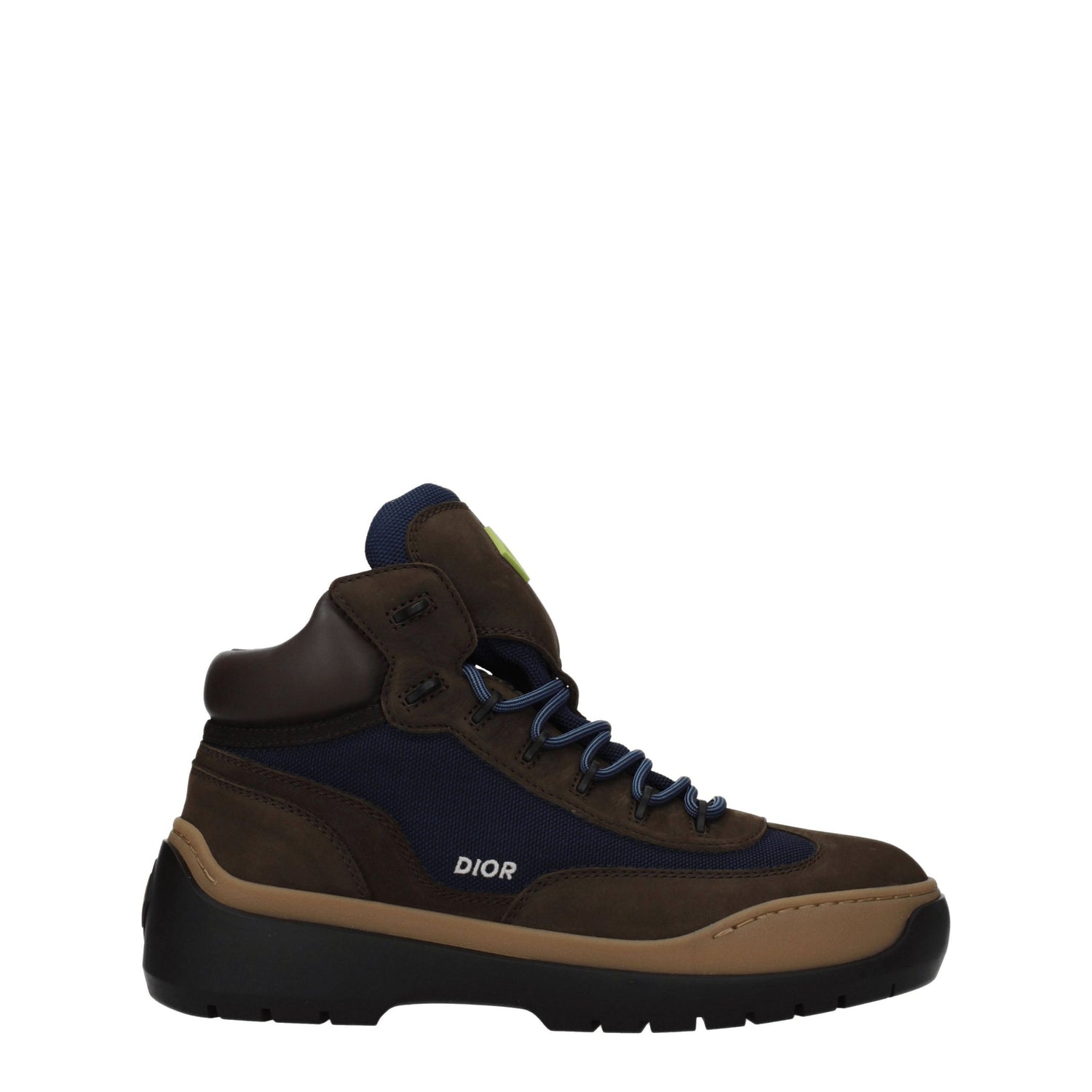 Mid-Heel Lace-Up Ankle Boots by Christian Dior for men in suede leather & rubber blue & brown features an high-performance silhouette, showcasing the sophisticated design of the Men's Suede Leather & Rubber Mid-Heel Lace-Up Ankle Boots with a 4-5-cm-heel mid-heel and a refined round toe style.
